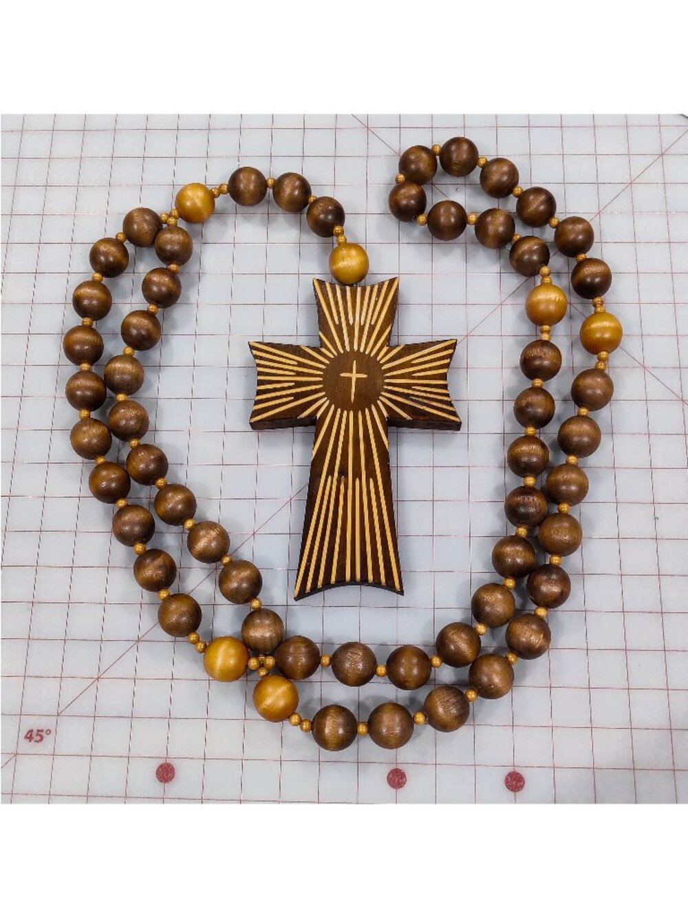 Vintage 1970s Giant Wooden Wall Rosary Oversized 1" Wood Beads Cross